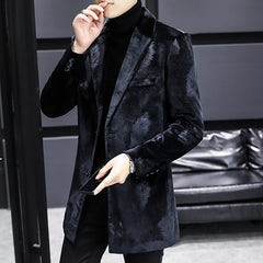 Winter Velvet Wool Blends Jacket Men Fashion Slim Long Casual Business