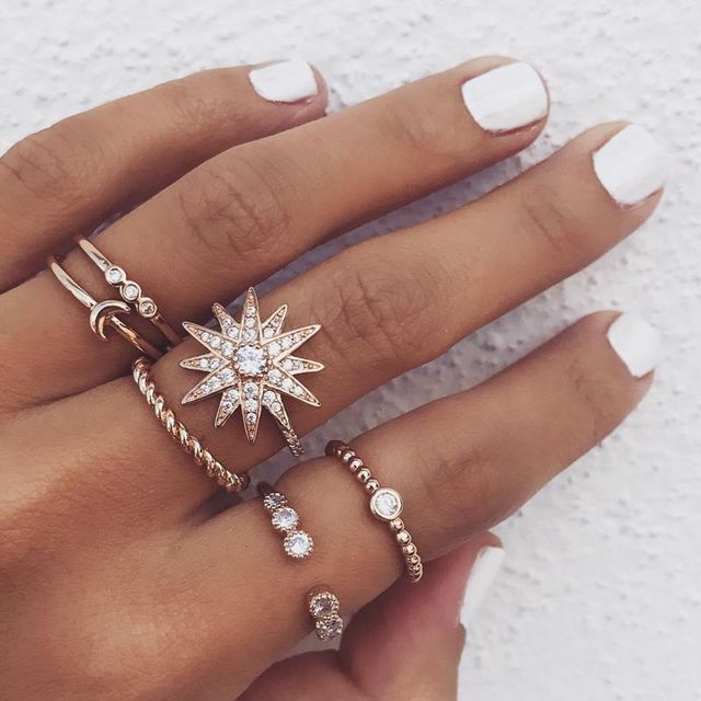 Vintage Boho Crystal Butterfly Rings Set For Women Zircon Leaves Stars