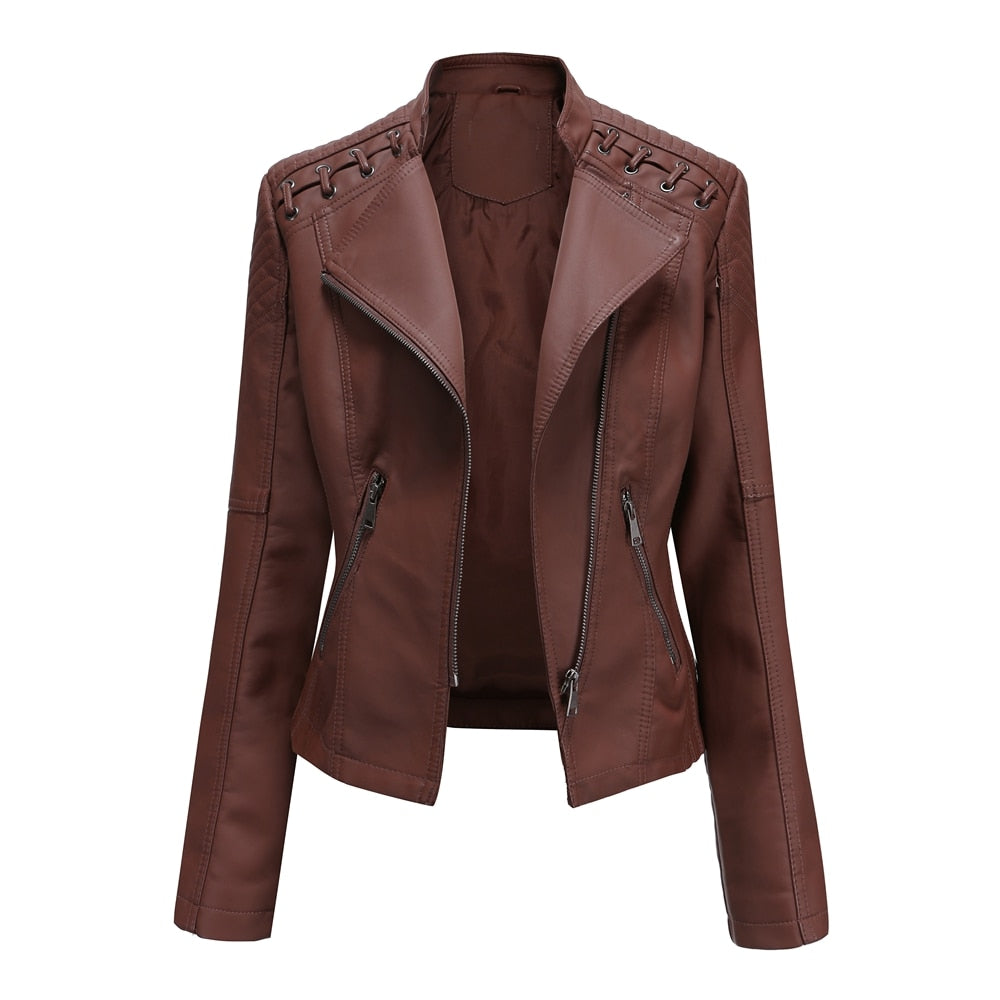 Women's Leather Jacket Slim Turn-down Collar Short PU Leather Jacket