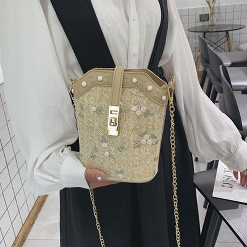 Small Straw Bucket Bags For Women Summer Crossbody Bags Lady Travel