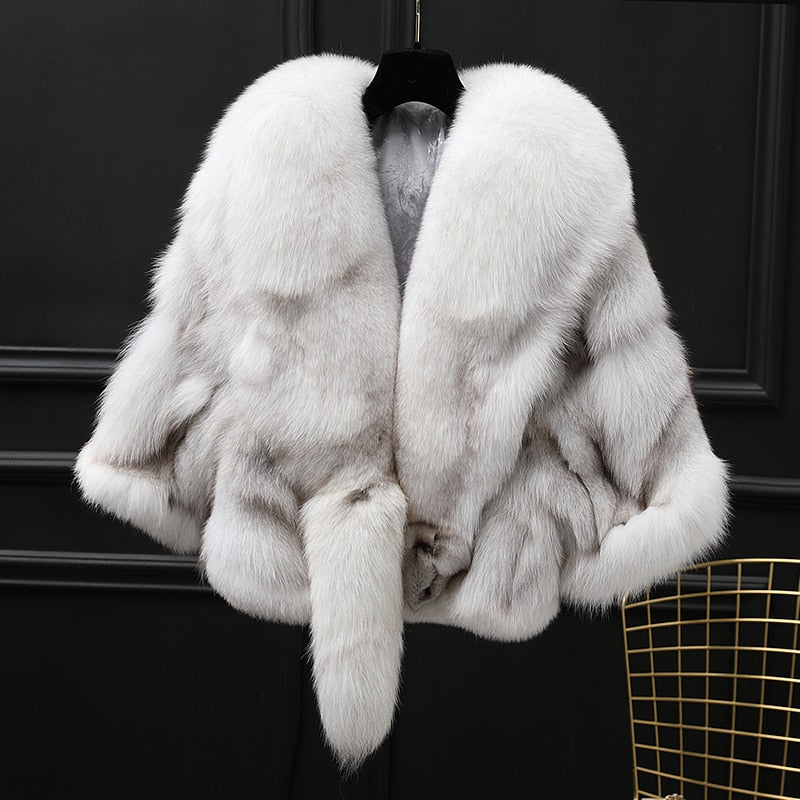 Winter Cloak Warm  Women Cardigan big real Fox Fur Collar Cape Fashion Solid