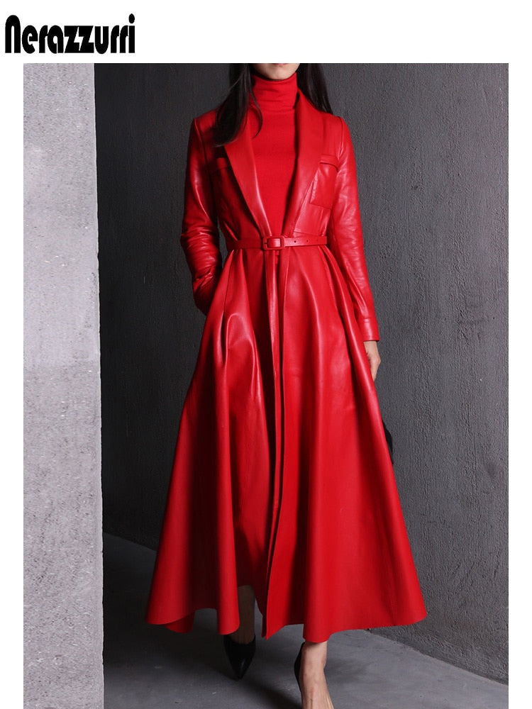 High Quality Red Black Maxi Pu Leather Trench Coat for Women Extra