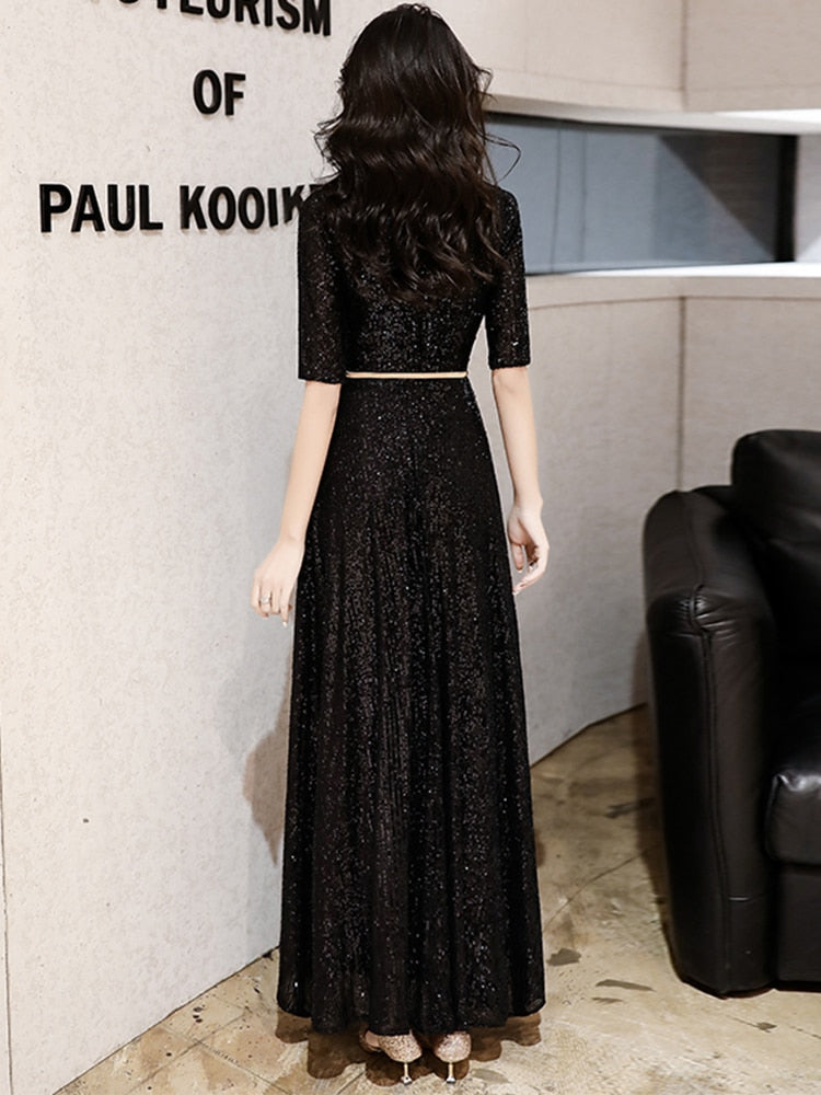 Evening wear Dresses: Black Long Evening Dresses Elegant O Neck  A Line Formal Dress