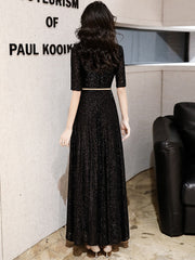 Black Long Evening Dresses Elegant O Neck  A Line Formal Dress