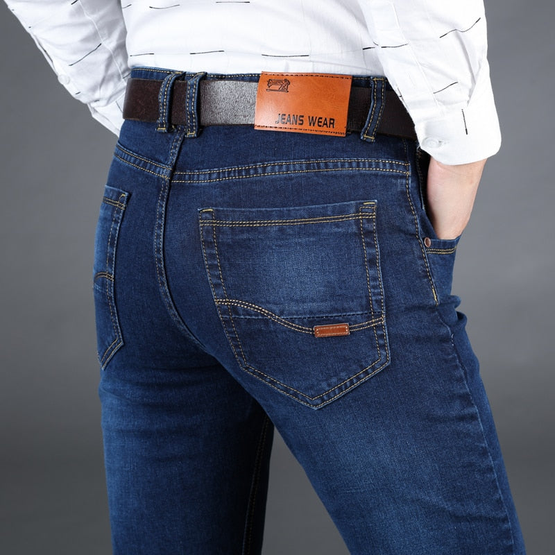 Classic Style Men Black Blue Regular Fit Jeans Business Casual Stretch Denim Pants
