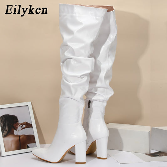 Over-the-Knee Boots Square Heel Punk Solid Color High Heel Zipper Shoes