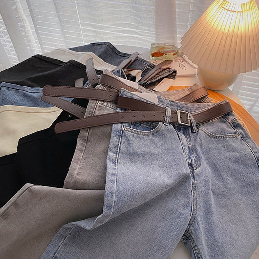 Straight Jeans Women with Belt Vintage Basic Blue Ankle-length Denim