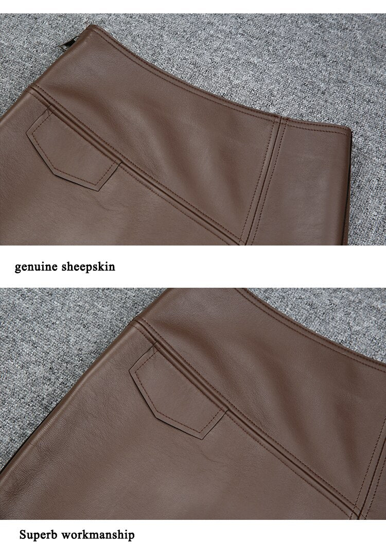 Skirt With Slit Women Elegant Genuine Leather High Waist OL Knee Long Split Jupe