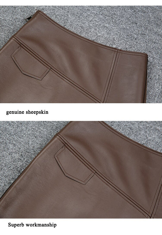 Skirt With Slit Women Elegant Genuine Leather High Waist OL Knee Long Split Jupe