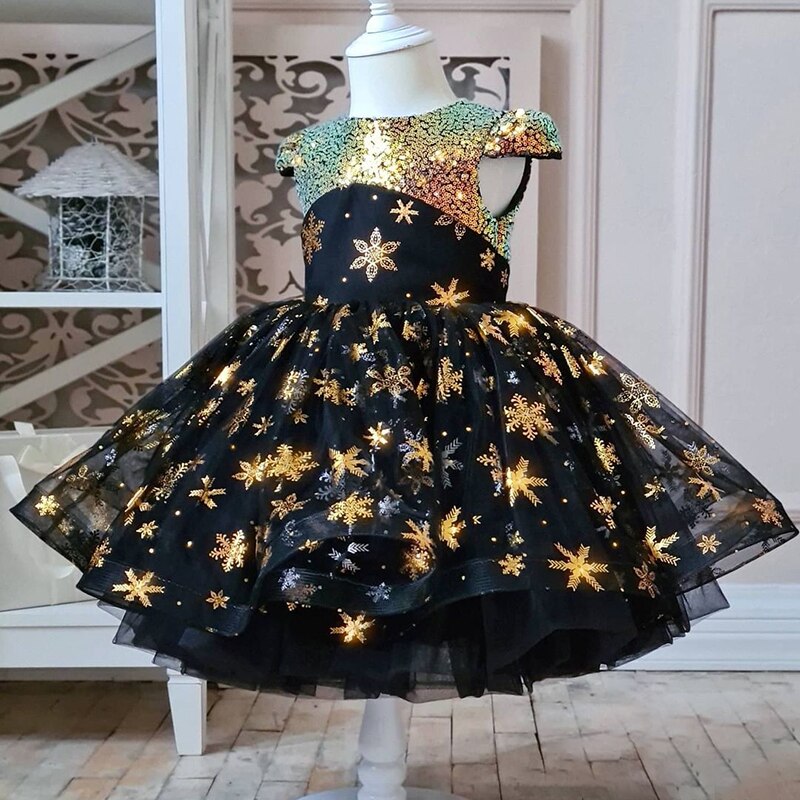 Fancy Girls Golden Sequin Tutu Dress Kids Snowflake Dresses Princess Costume