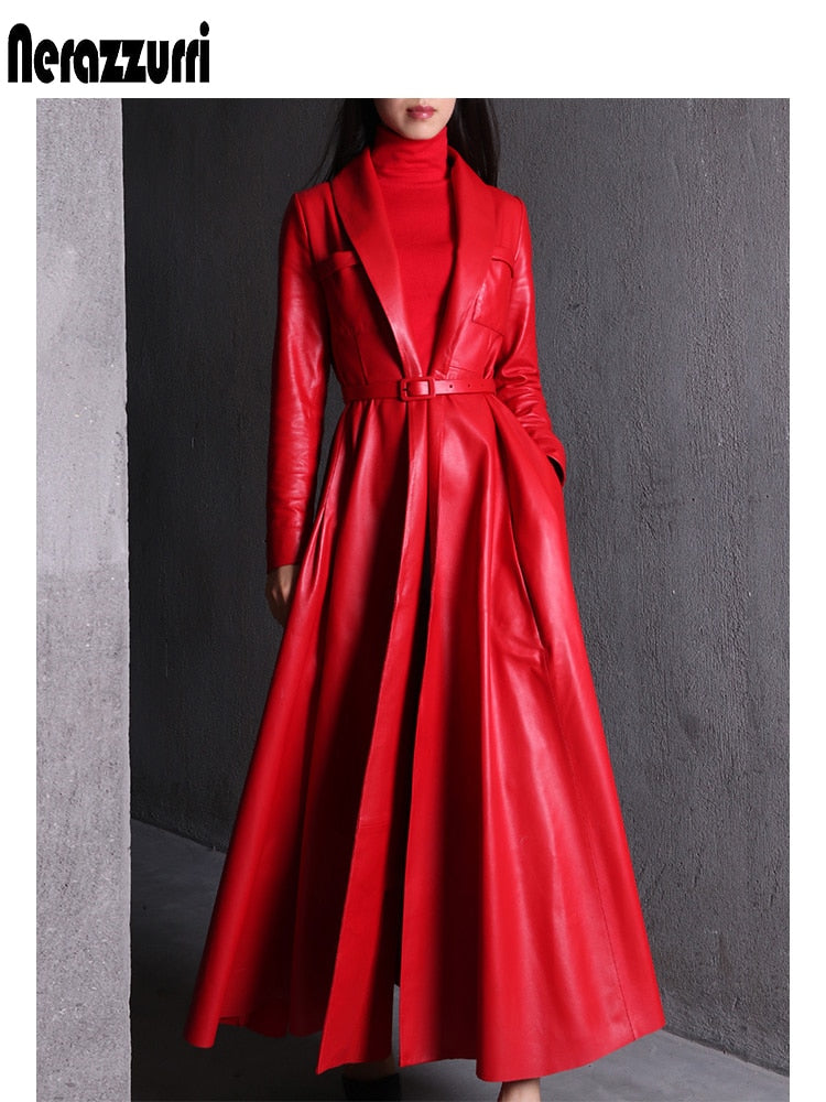 High Quality Red Black Maxi Pu Leather Trench Coat for Women Extra