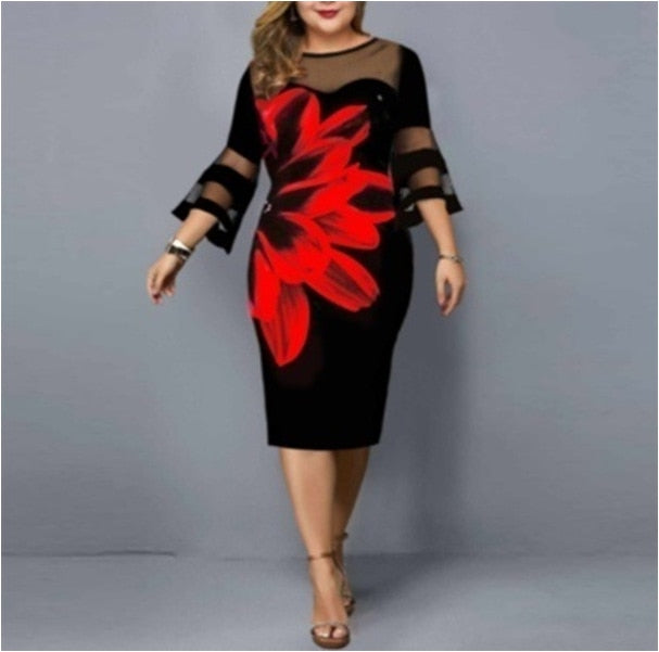 Plus Size Dress Women Evening Party Midi Elegant Mesh Lace Print Floral