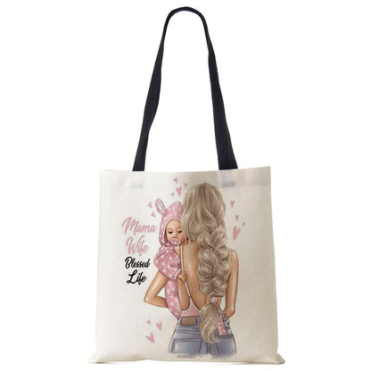 Cute Cartoon Super Mama Print Linen Tote Bag Reusable Shoulder Bags Mom