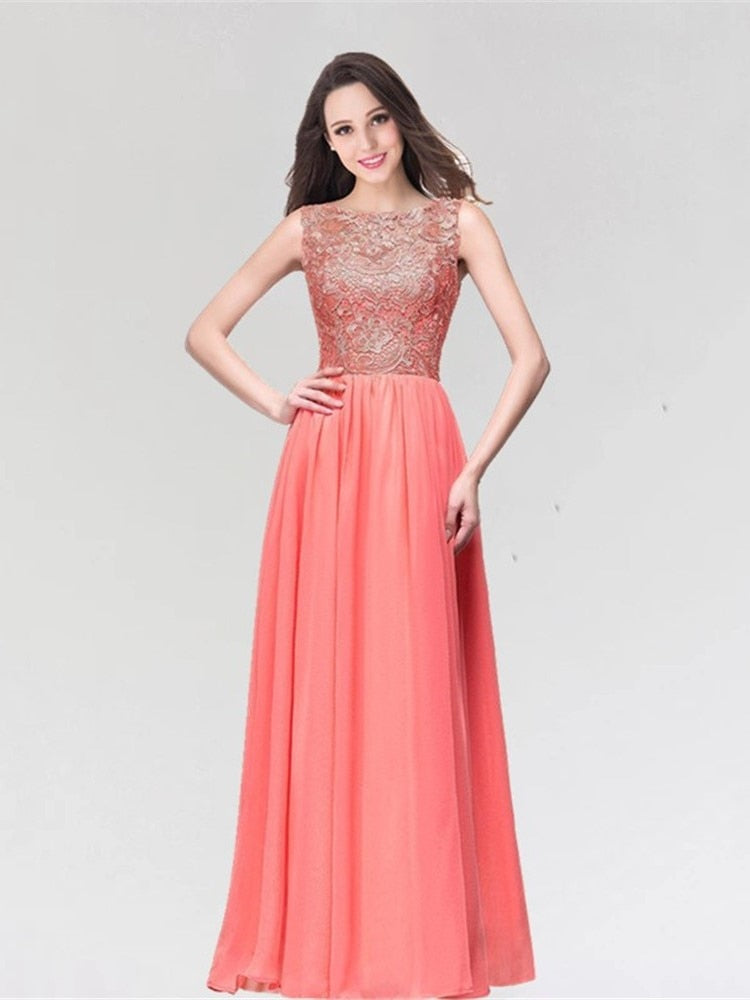 Coral Chiffon Lace Long Prom Dresses for Women Appliques