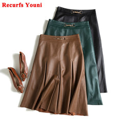 Literary Retro Leather Skirts Women Female 3D Metal  Tailoring High Waist Mid Long