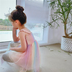 Girls Dress Rainbow Crumpled Mesh Suspender Princess Party Dress