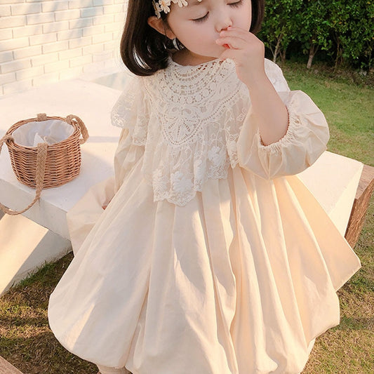 Spring Autumn Girls Dress Lace Collar Detachable Fairy Long Sleeve Princess Dress