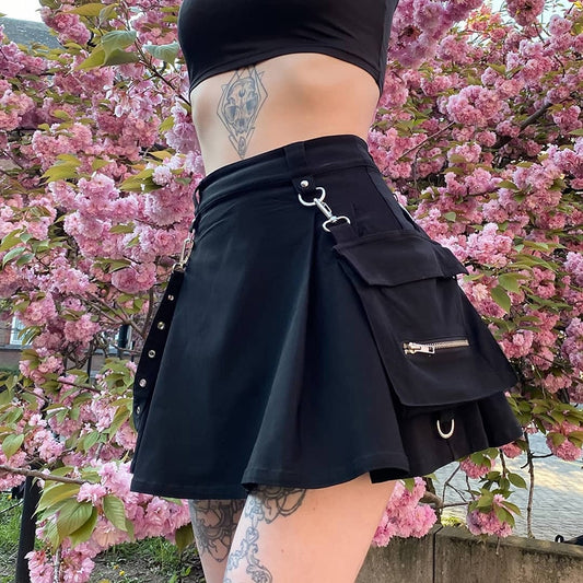 Harajuku Punk Gothic Black High Waist Black Skirts Women Patchwork