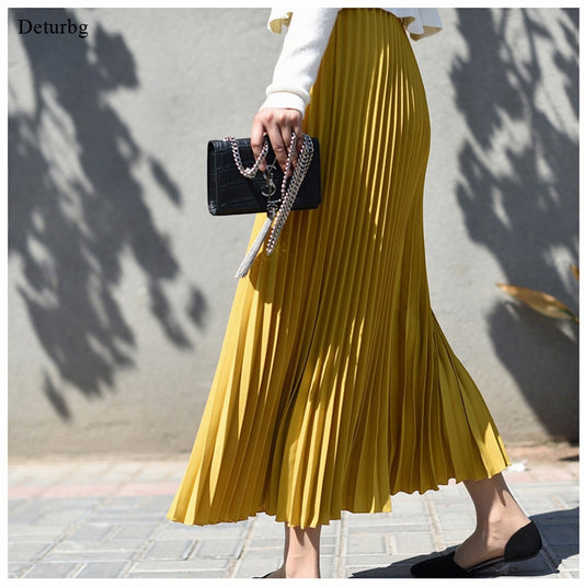 Womens Vintage Pleated Midi Long Skirt Female Korean Casual High Waist Chiffon