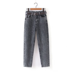 Tangada 2021 fashion women mom jeans pants with belt long trousers strethy waist pockets zipper female pants HY41