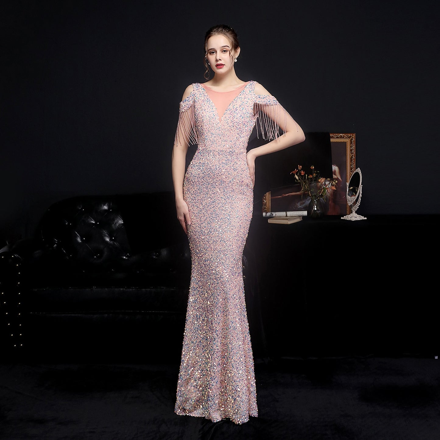 Evening wear Dresses: Elegant Gold Sequin Women Mermaid Evening Dress