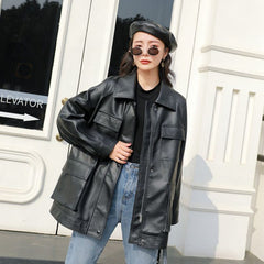 Spring Autumn Four Big Pocket Chic Loose Design Biker