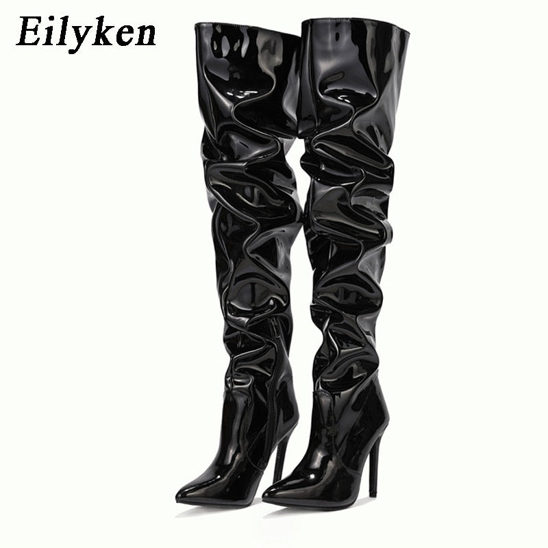 Patent Leather Motorcycle Over The Knee Boots Women Fashion Pointed Toe Zip Thigh High Lady Shoes