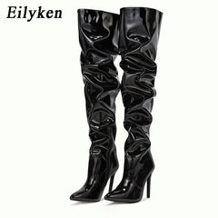 Patent Leather Motorcycle Over The Knee Boots Women Fashion Pointed Toe