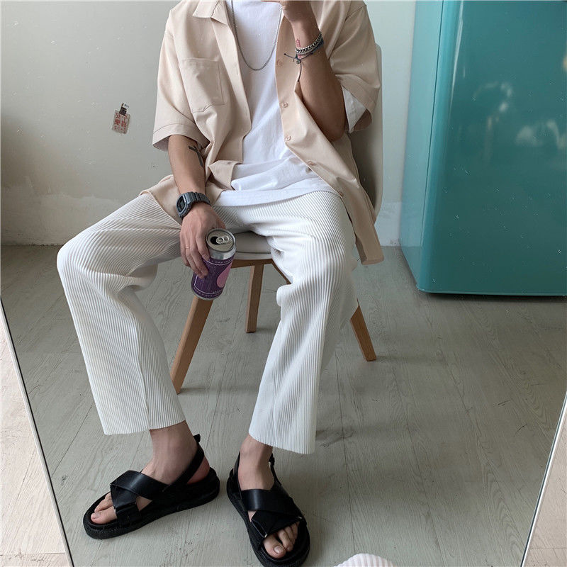 Pleated Straight Pants Men Fashion Elastic Waist Casual Pants Men