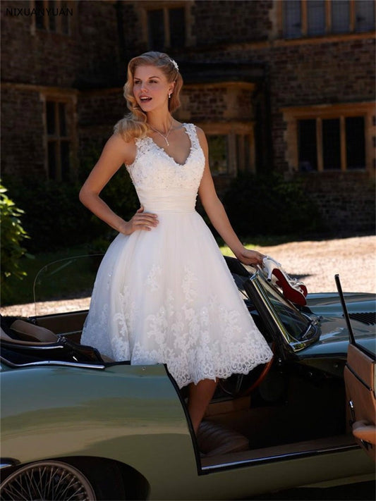 White Bridesmaid Dresses: A Line White Lace Short Wedding Dress Beach