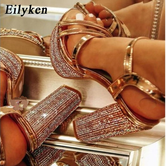 Design Crystal Rhinestone Platform Thick Heel Women Gladiator