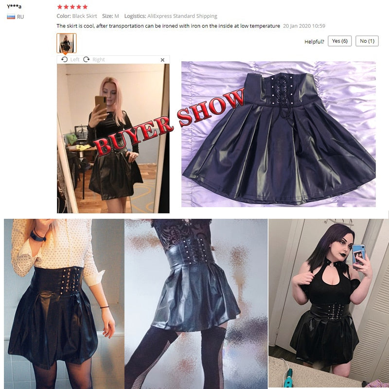 Women Skirts Gothic Harajuku Bandage Faux Leather Korean Fashion Black Mini