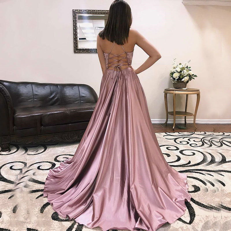 Homecoming Dresses: V-neck Prom Dresses Formal Simple Satin Evening Dresses