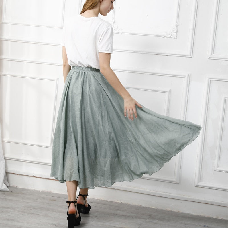 Cotton Linen Maxi Skirt Womens Casual Elastic High Waist Pleated