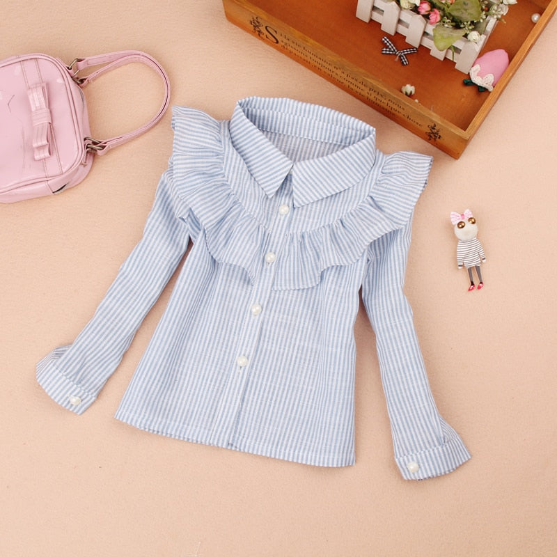 Teenage girls clothes Autumn Kids blue stripe blouses Turn-down collar