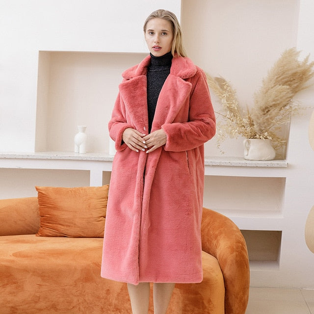 Women Winter Warm Faux Fur Coat Thick Women Long Coat Turn Down
