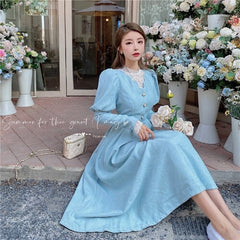 Solid Elegant Dress Women Winter Patchwork Lace Party Midi Dress Female Casual