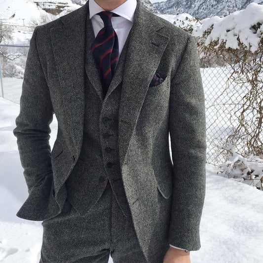 Gray Wool Tweed Winter Men Suit For Wedding Formal Groom Tuxedo