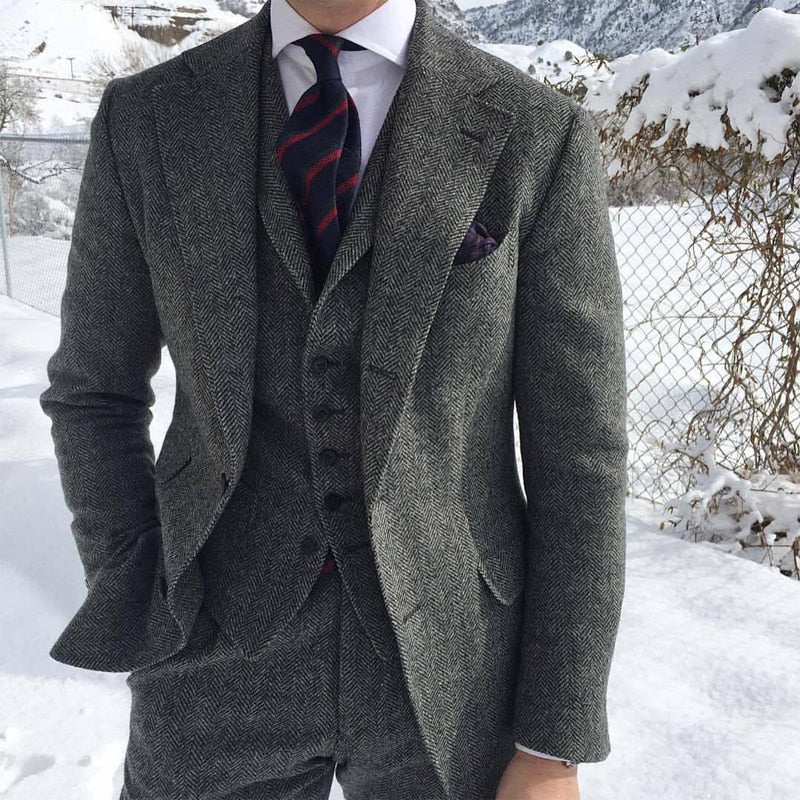 Tuxedo for Mens: Gray Wool Tweed Winter Men Suit For Wedding Formal Groom Tuxedo