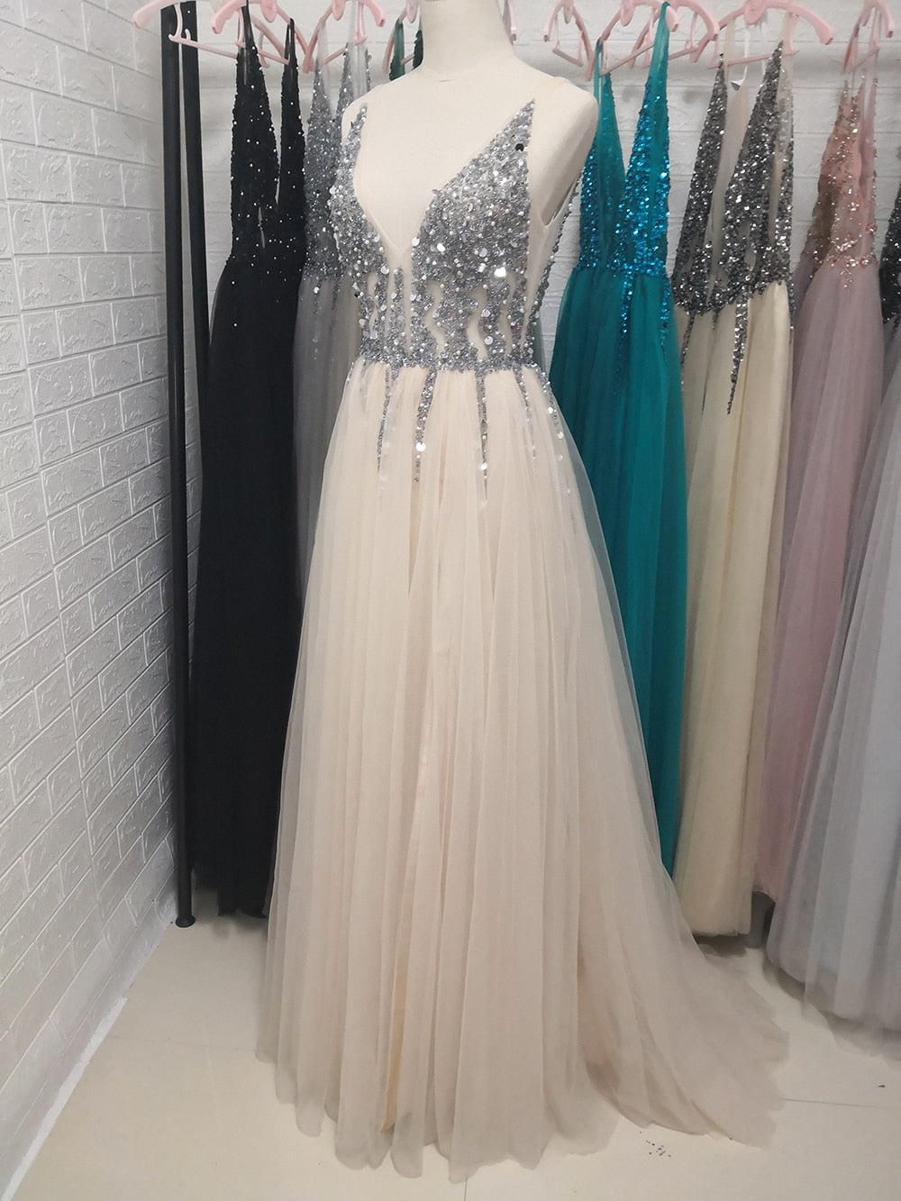 Prom Dresses Long V Neck Light Gray High Split Tulle Sweep Train Sleeveless