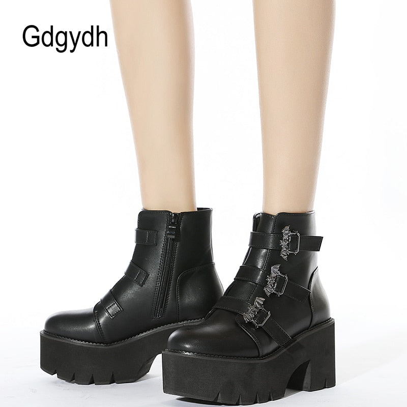 Gdgydh Metal Decoration Bat Demonia Boots Women Platform Heels Black Gothic