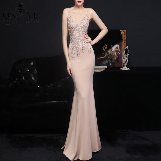 Evening Dress Scoop Neck Mermaid Prom Gown Illusion Back Lace