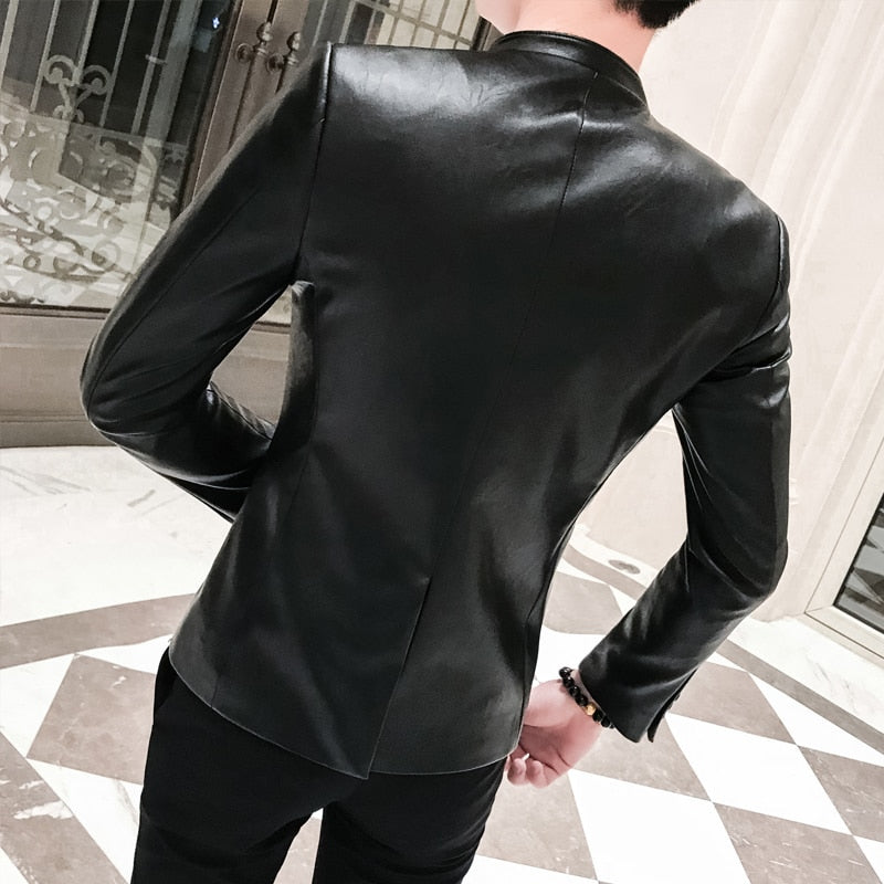 Tuxedo for Mens: Men Suit Black Slim Fit Blazer Hombre PU Leather Jacket Male