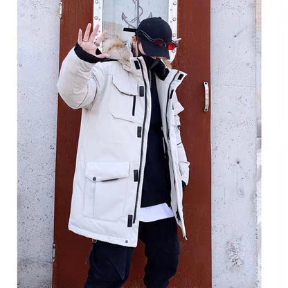 Men's White Down Jacket Cargo Warm Hooded Thick Puffer Jacket Coat