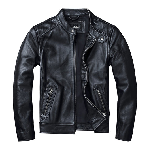 Top Layer Cowhide Slim Fit Stand Collar Motorcycle Suit Men Leather Jacket