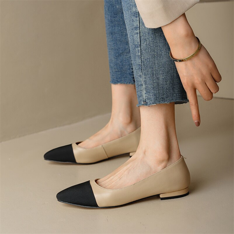 Women Genuine Leather Thick Heels Pumps Square Toe High Heel 6cm