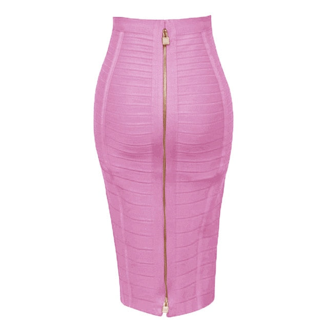 High Quality Black Red Blue Orange Zipper Bodycon Rayon Bandage Skirt Day Party