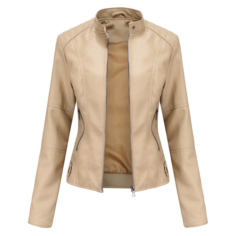 Women Leather Jacket Spring Autumn Black PU Leather Coat Stand-up