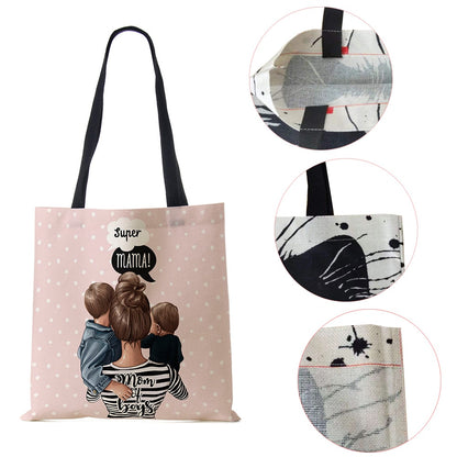 Cute Cartoon Super Mama Print Linen Tote Bag Reusable Shoulder Bags Mom