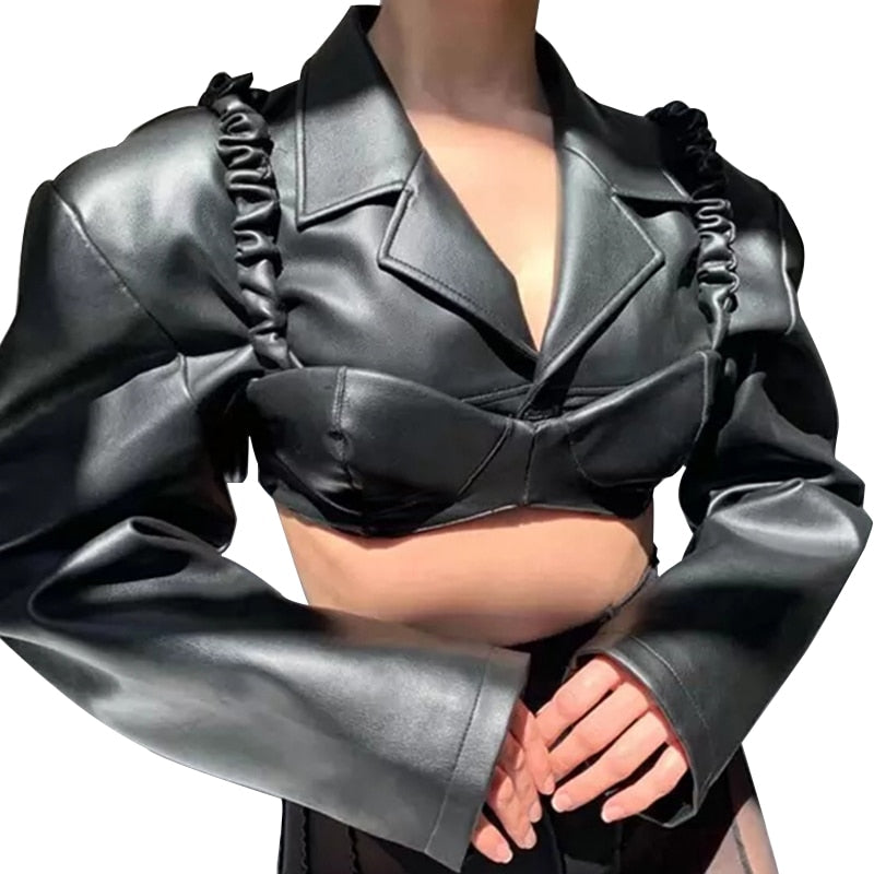 Spring Autumn Short Black Light Faux Leather Jacket Women Long